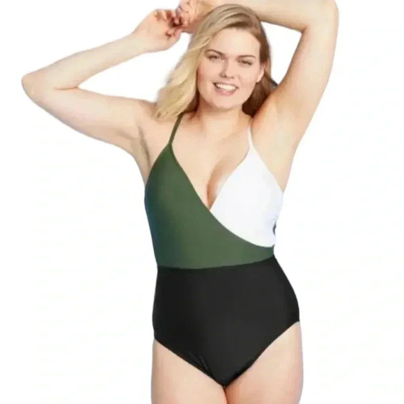 Kona Sol Colorblock Wrap One Piece Swim Straps-B/W/Green-Women’s Small - Picture 1 of 10